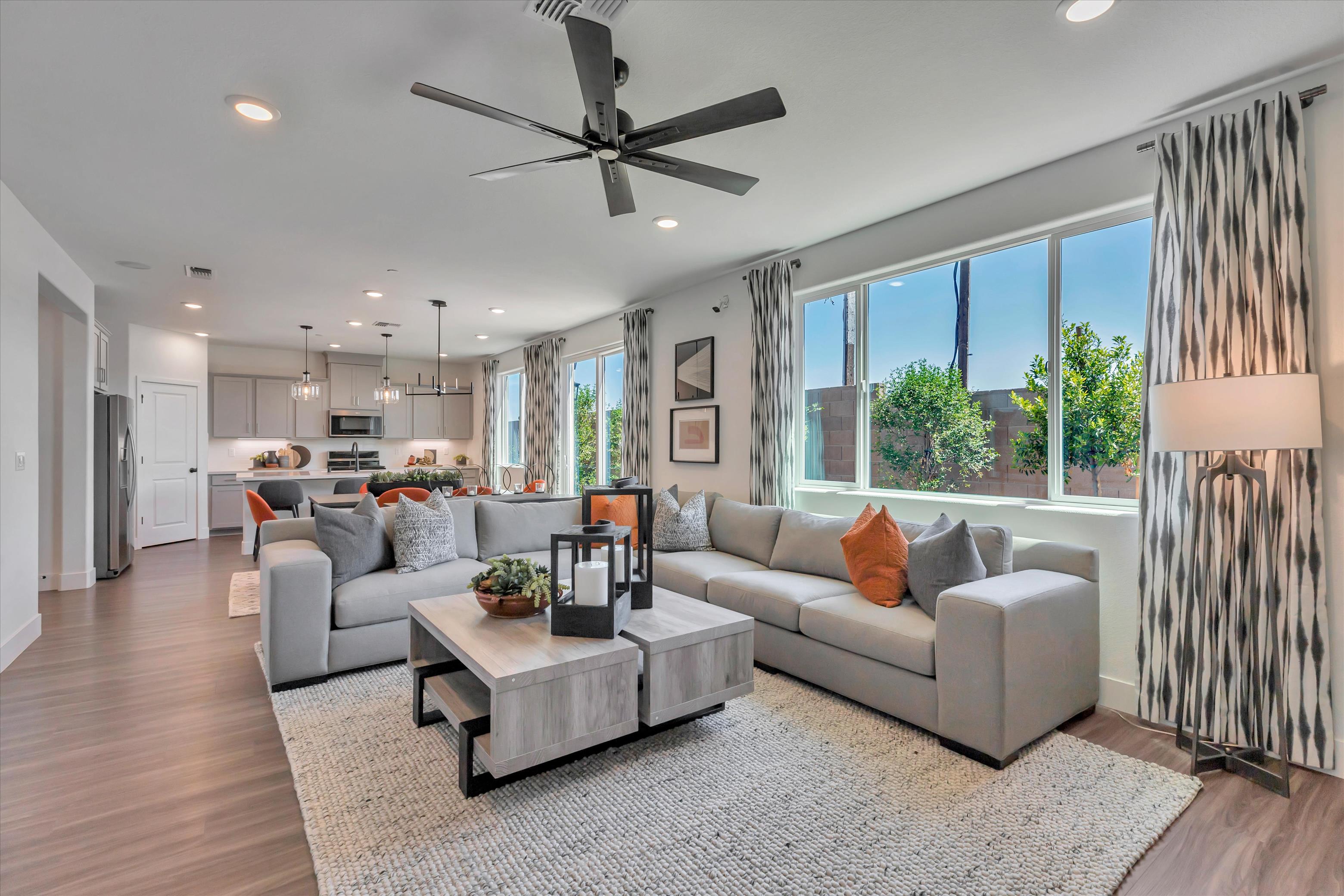 A living room with a large window.