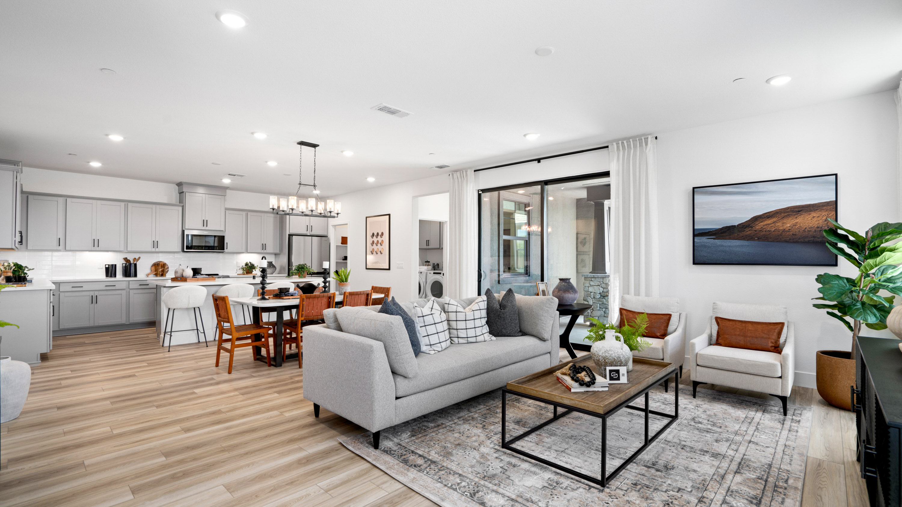 A large living room with a dining table and couches.