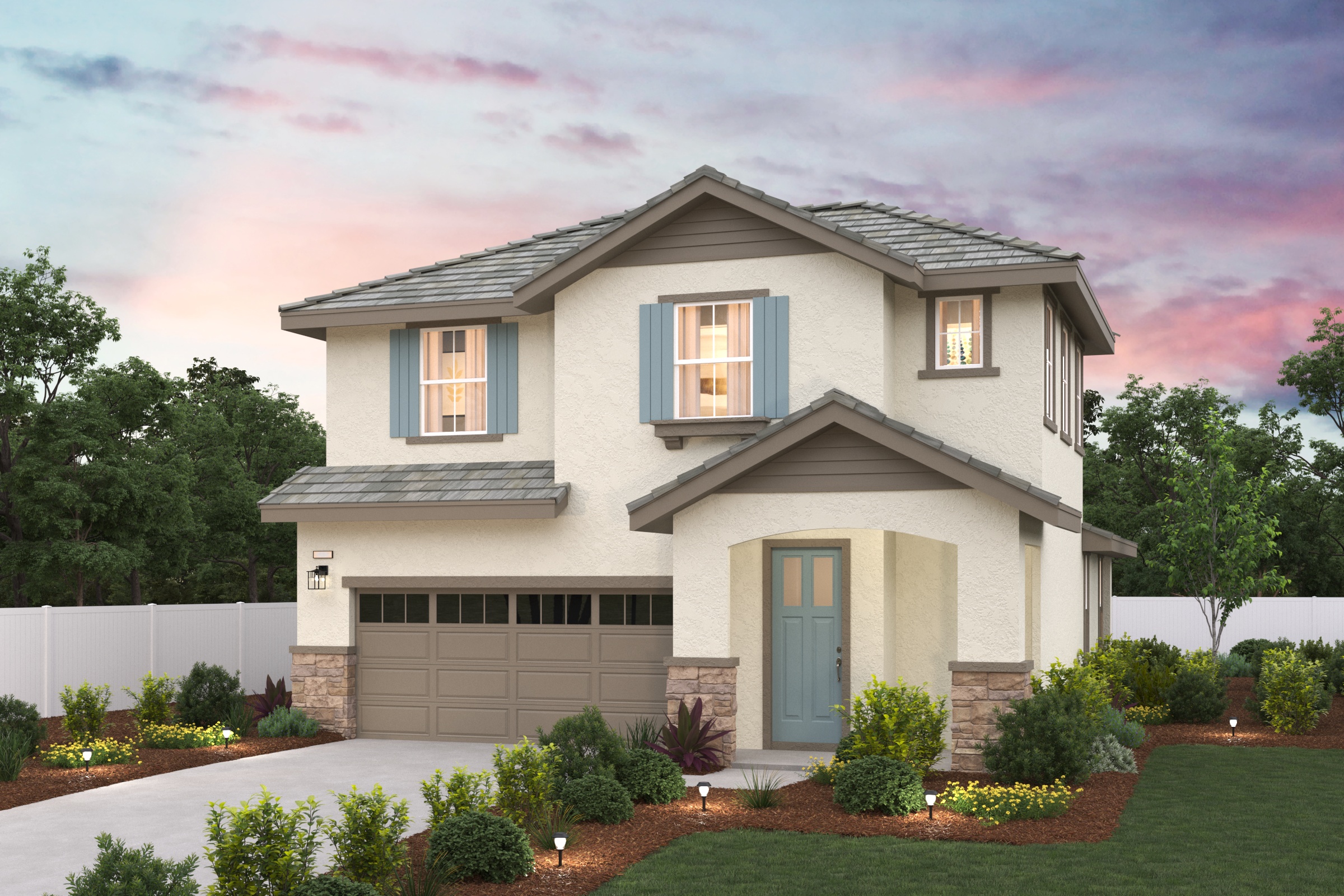 A house with a garage and bushes.