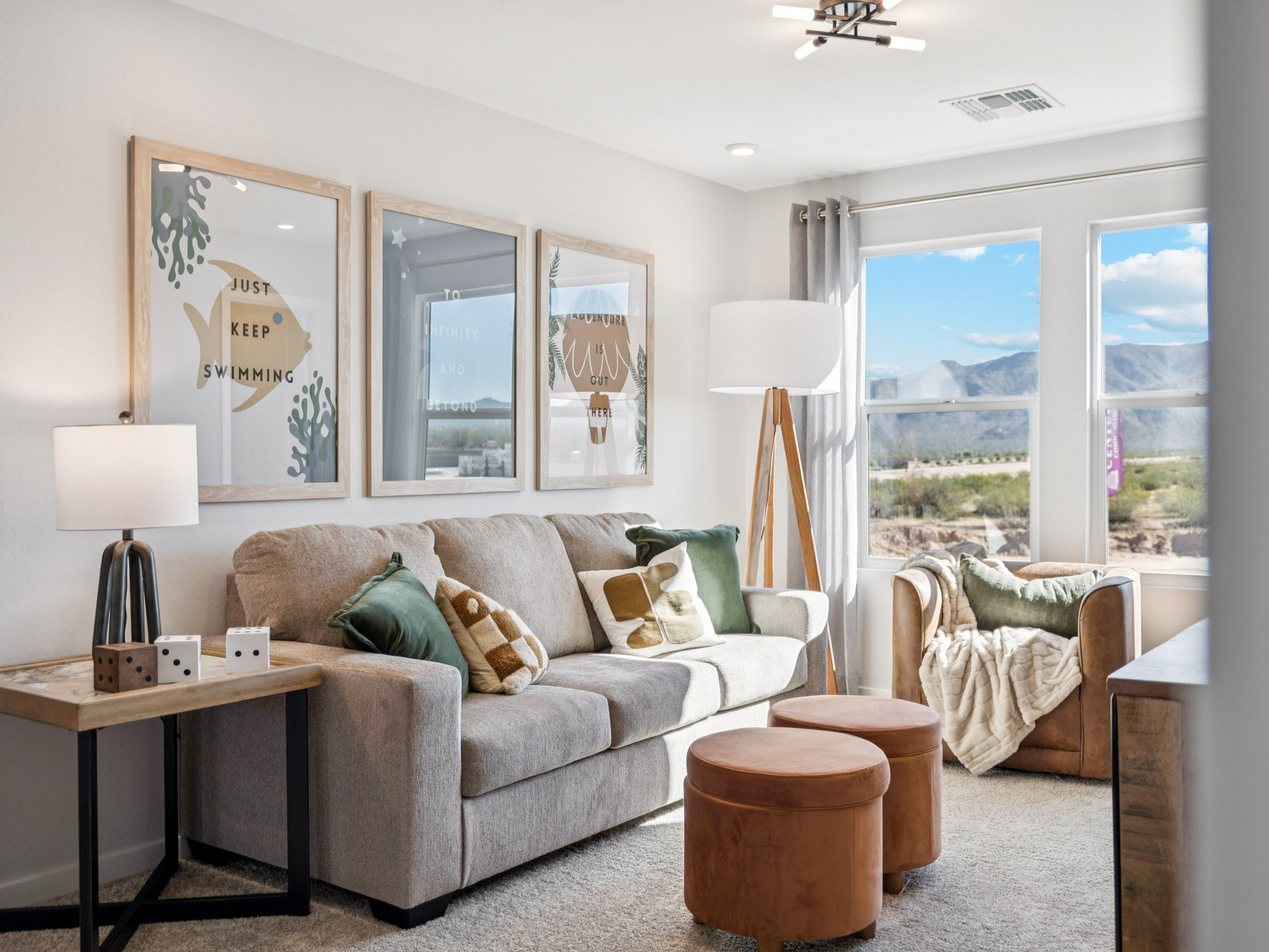 A living room with a large window.