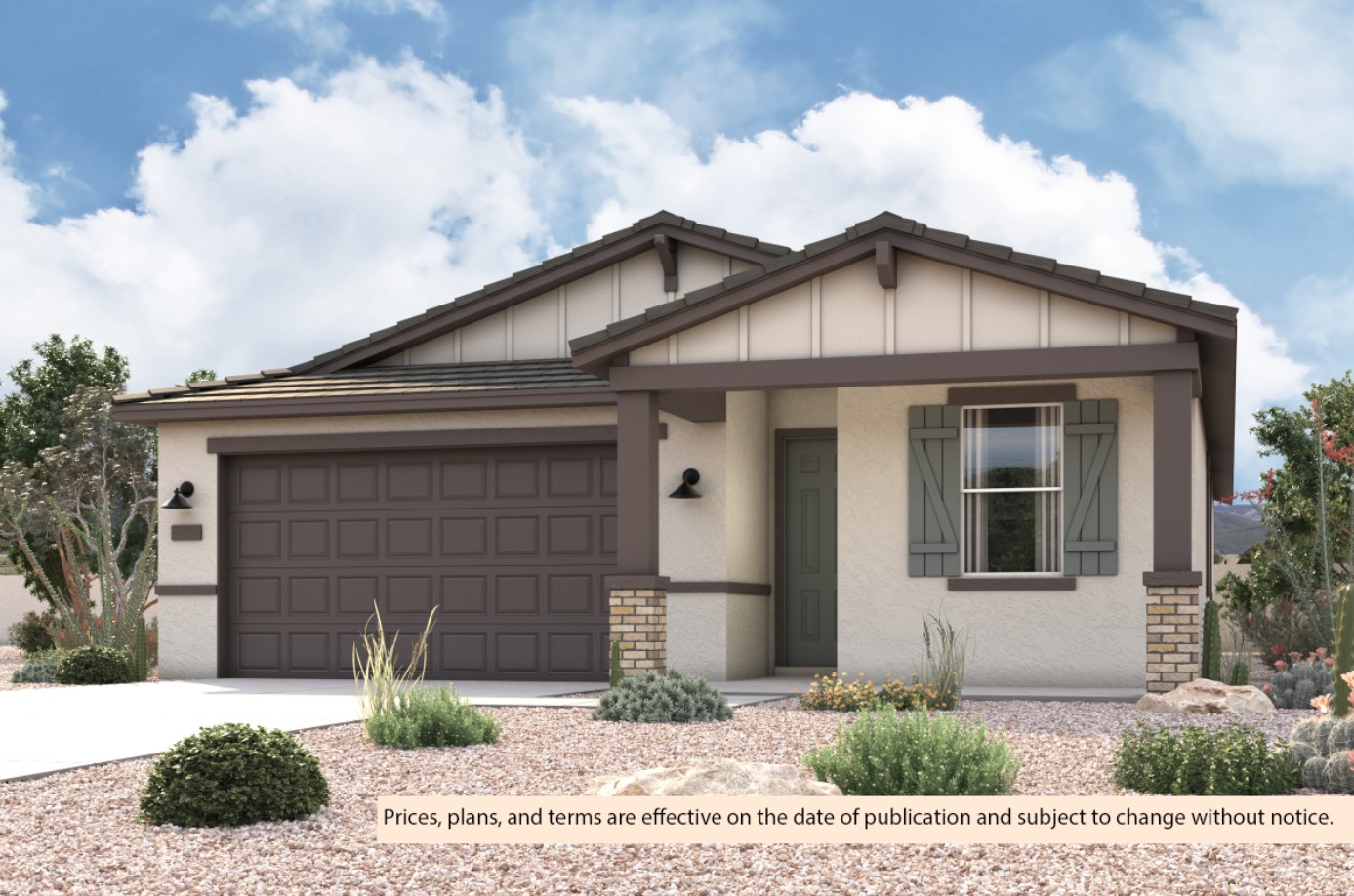 New Home spanish stucco exterior elevation rendering of 1 story 3-bedroom floor plan in Maricopa AZ USDA Loan VA Loan Eligible Near 347 with community amenities near park