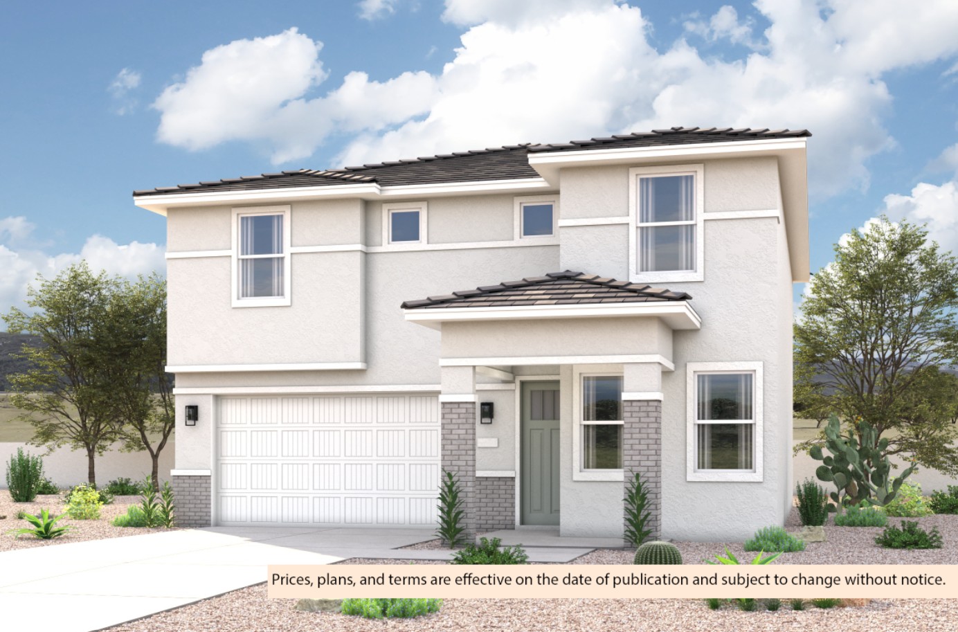 Modern Ranch exterior elevation rendering of 2 story 3-5 bedroom New Home floor plan in Maricopa AZ USDA Loan VA Loan Eligible Near 347 with community amenities near park