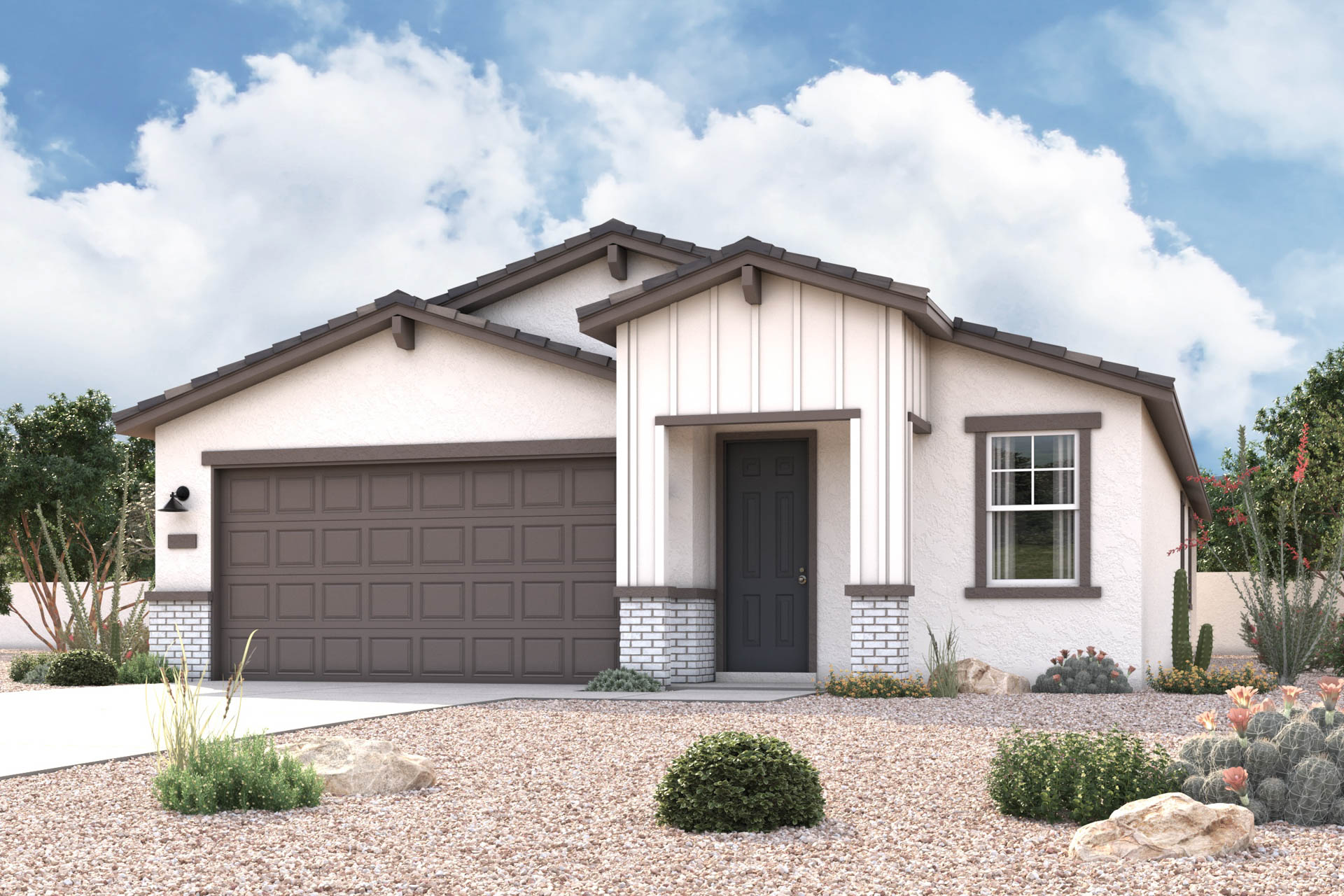 Modern Prairie exterior elevation rendering of 1 story 3-bedroom New Home floor plan in Maricopa AZ USDA Loan VA Loan Eligible Near 347 with community amenities near park
