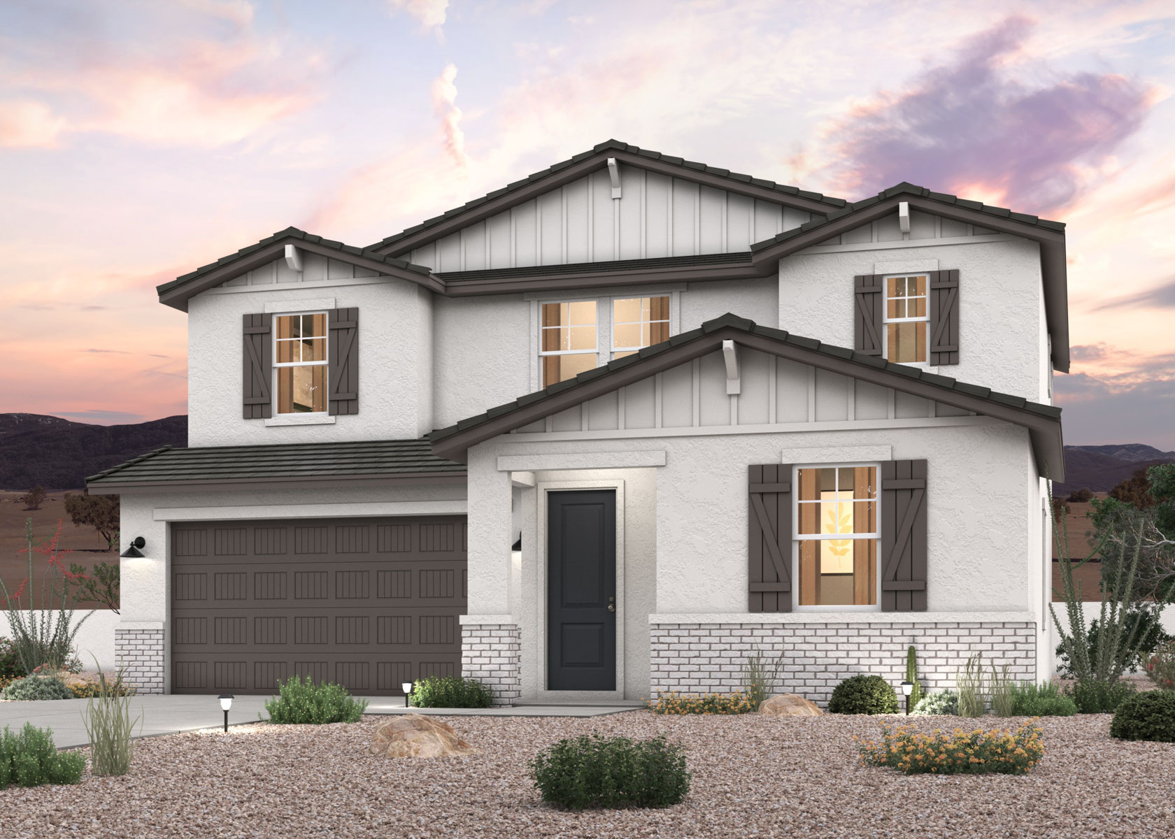 Twilight rendering of the front of a 2-Story home with 2 car garage in Surprise, AZ