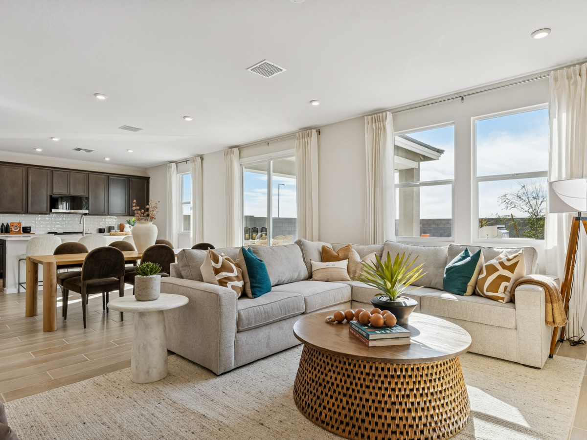 A living room with a large window.