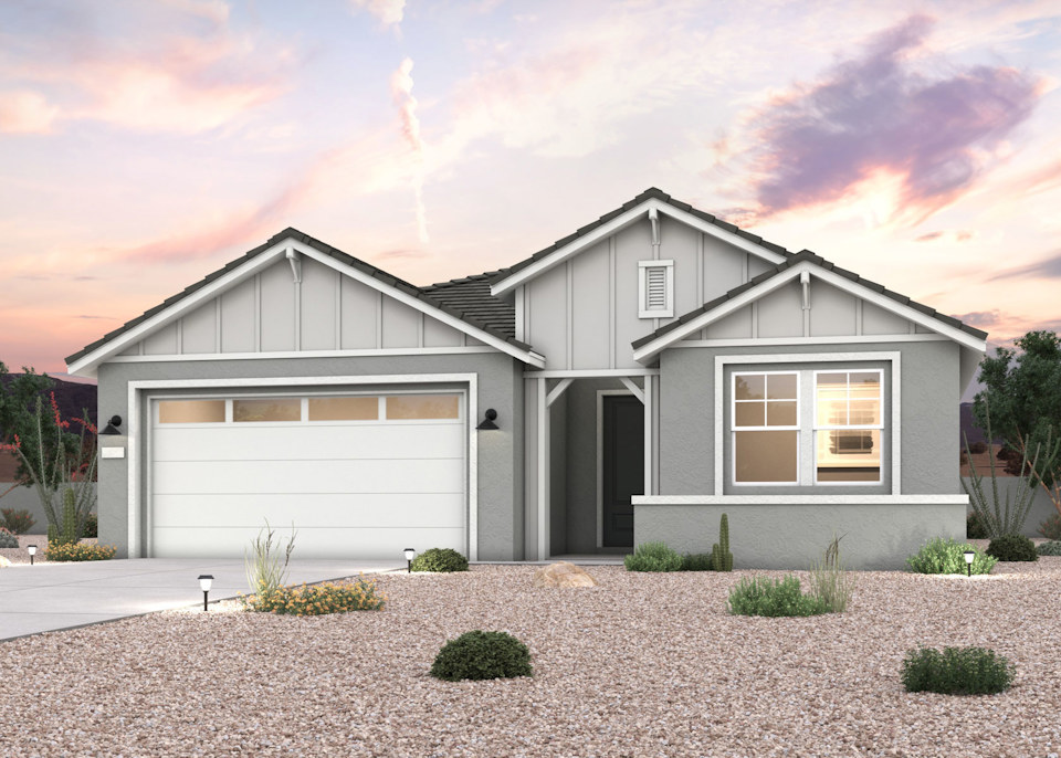Twilight rendering of front of new home for sale in Buckeye, AZ with 2 car garage.