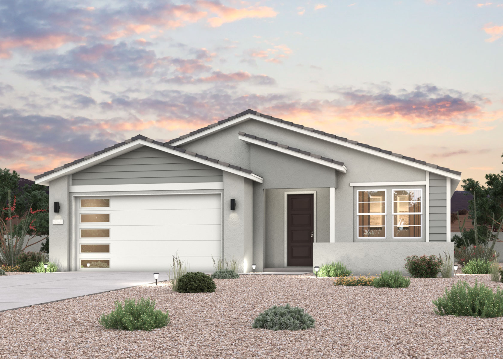 Twilight rendering of front of new MCM home for sale in Buckeye, AZ with 2 car garage.