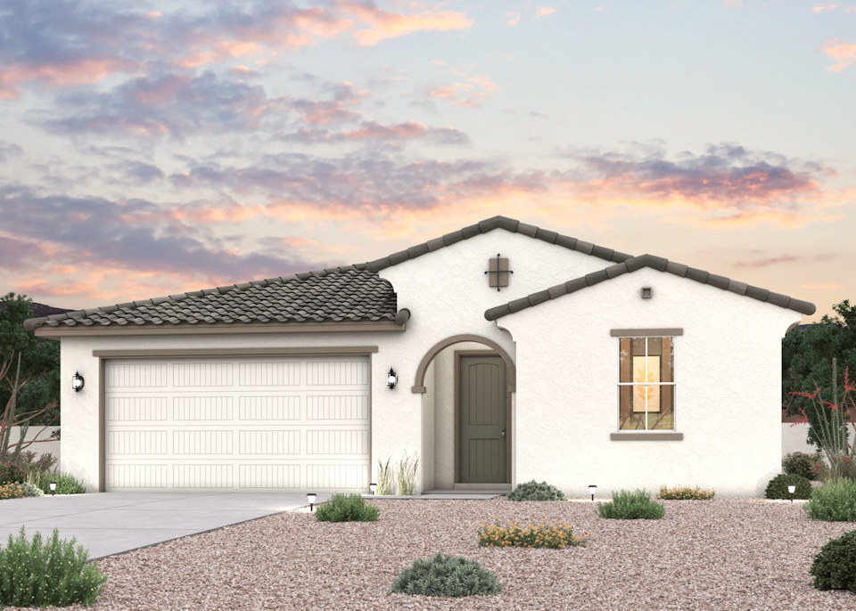 Twilight rendering of front of home with 2 car garage.