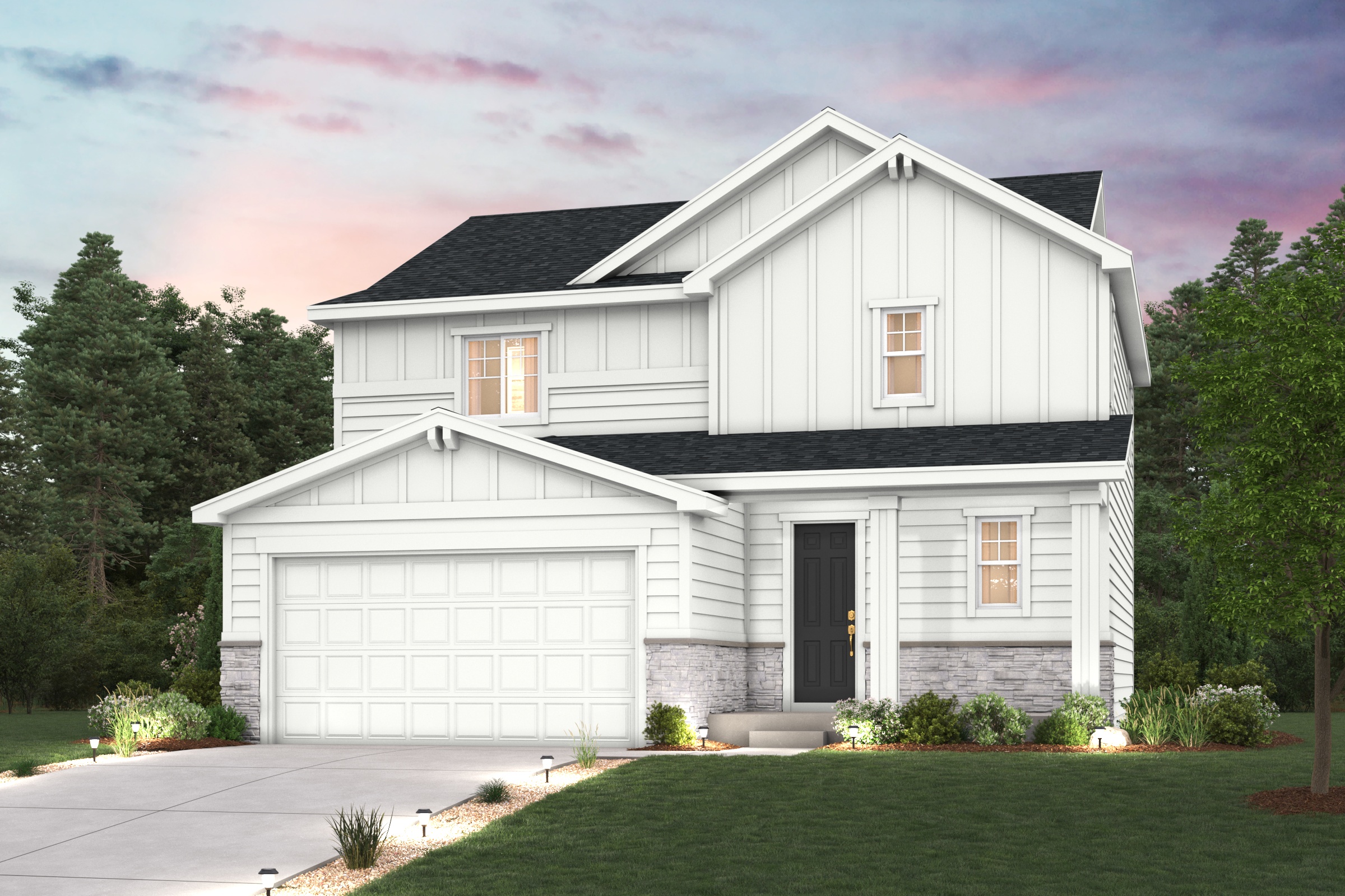 Mackenzie Elevation C rendering with landscaping, garage, driveway and exterior paint colors 