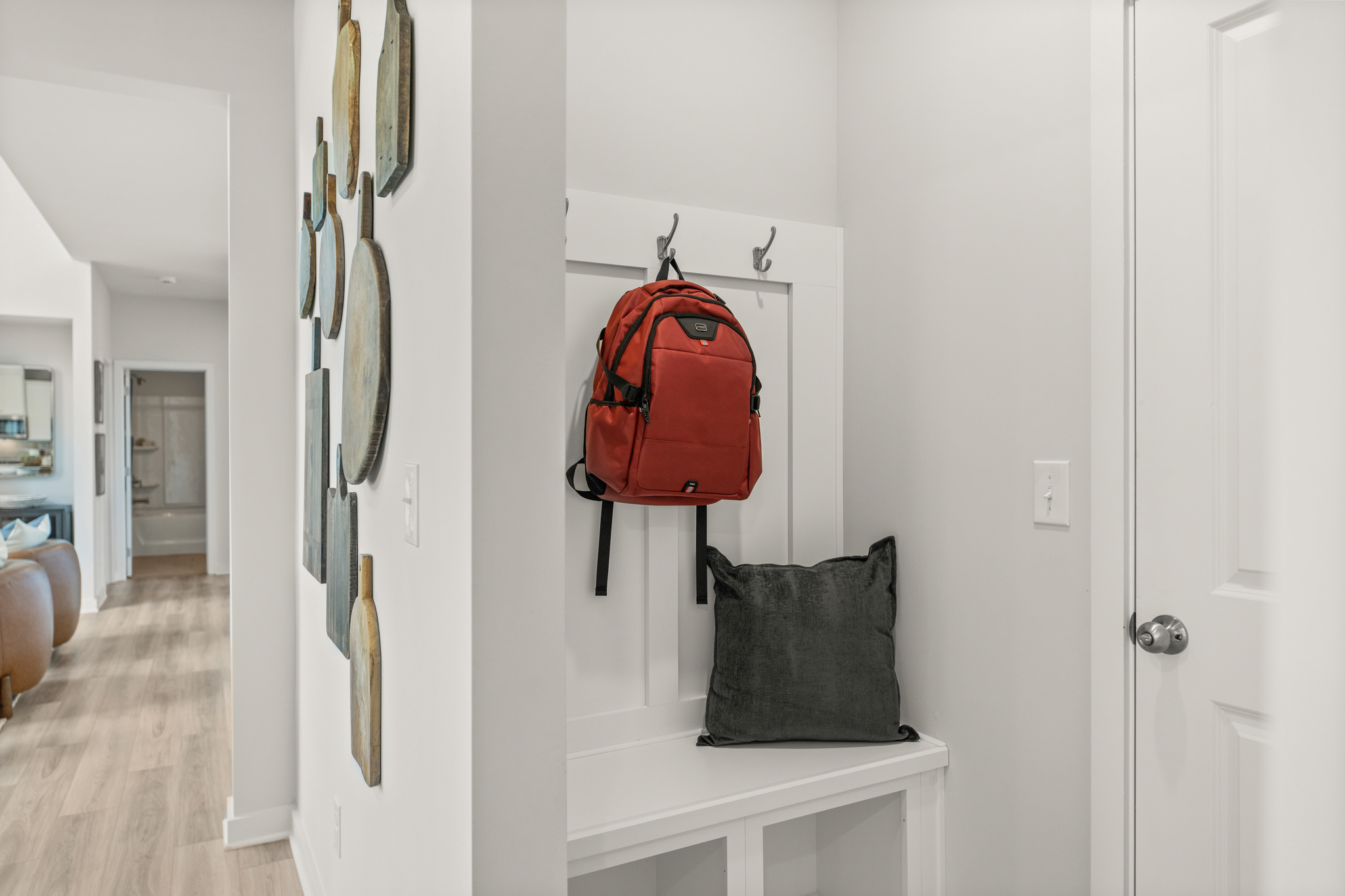 A backpack on a wall.