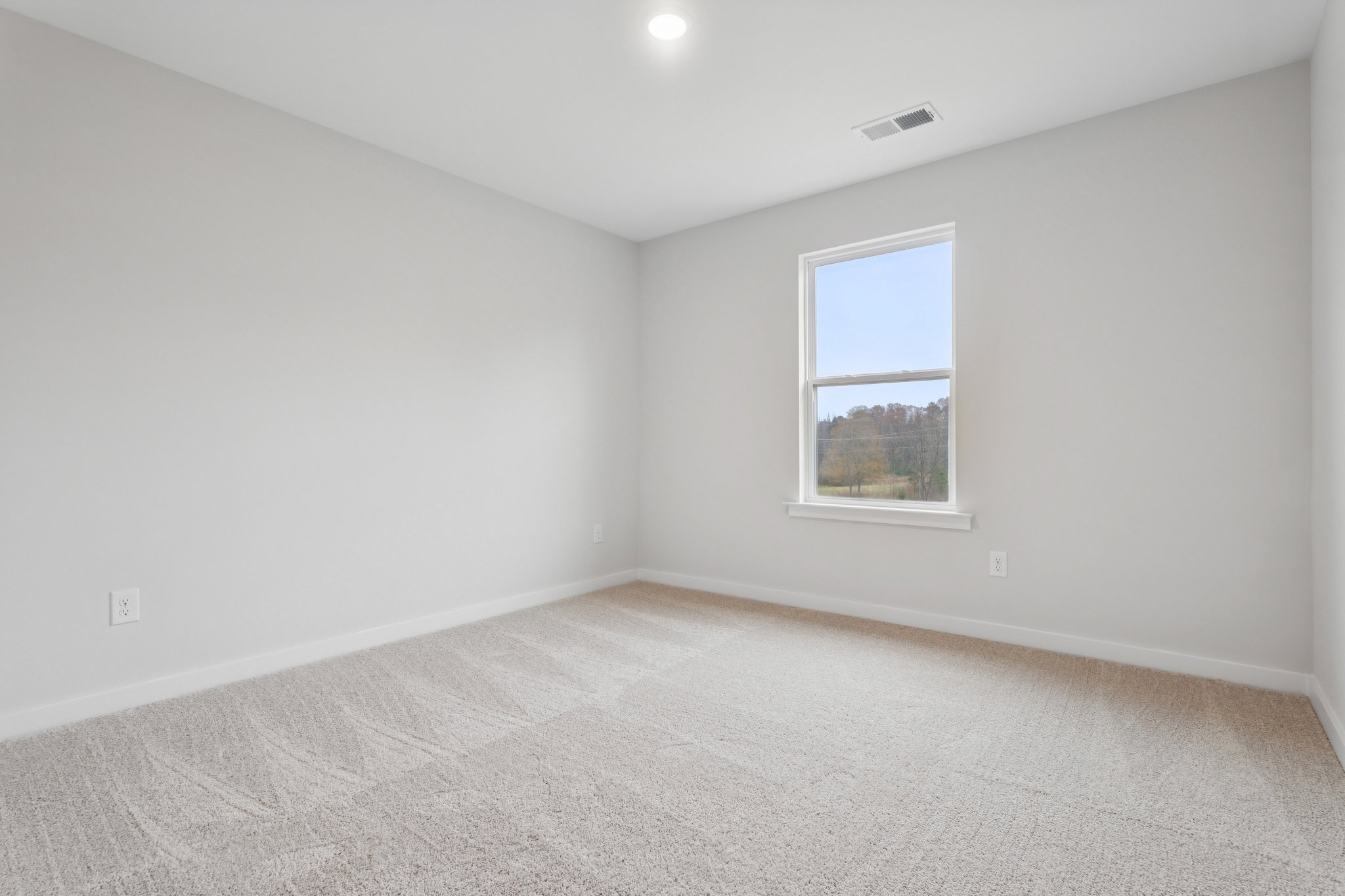 A room with a window and a carpet.