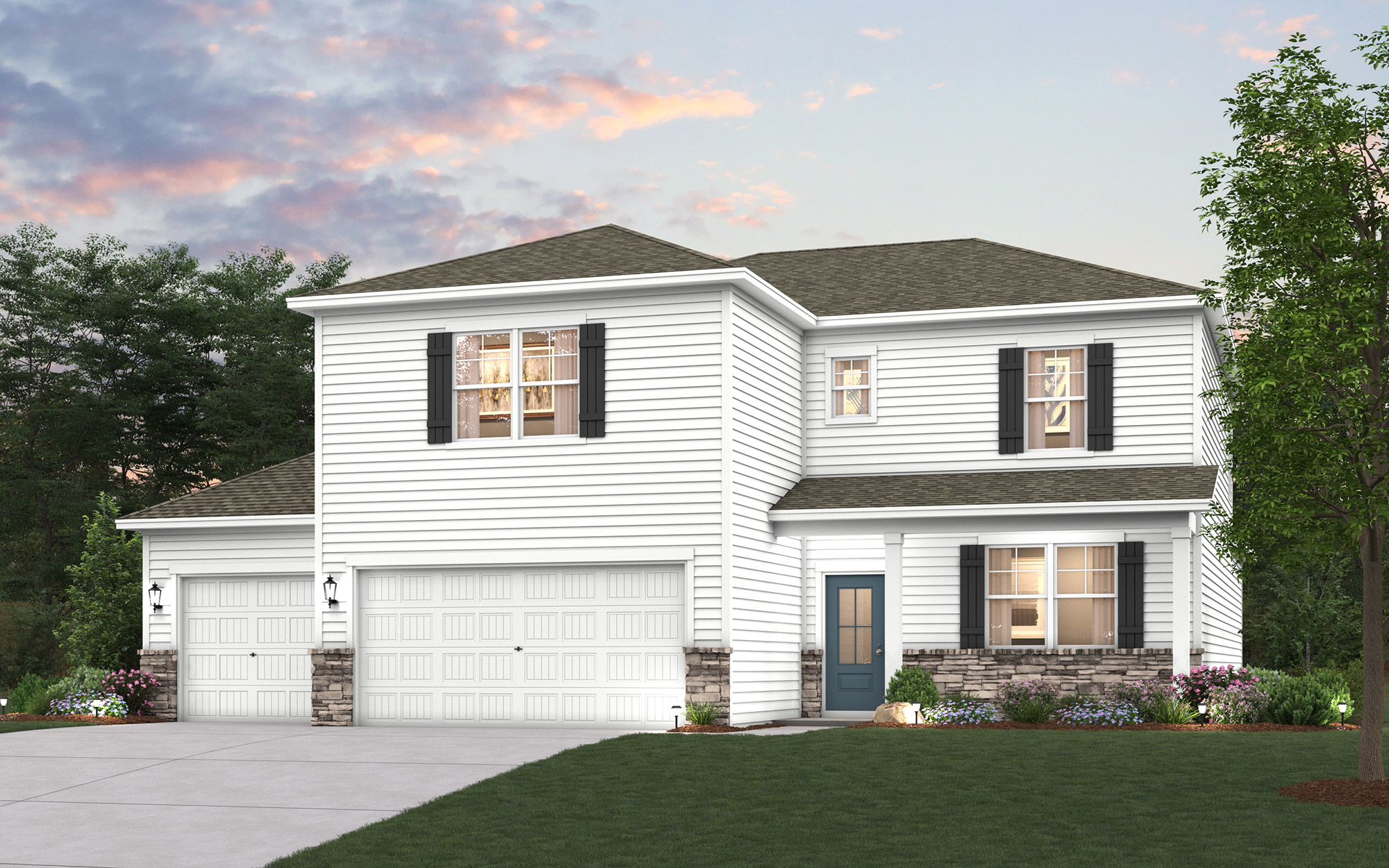 A white house with a garage.