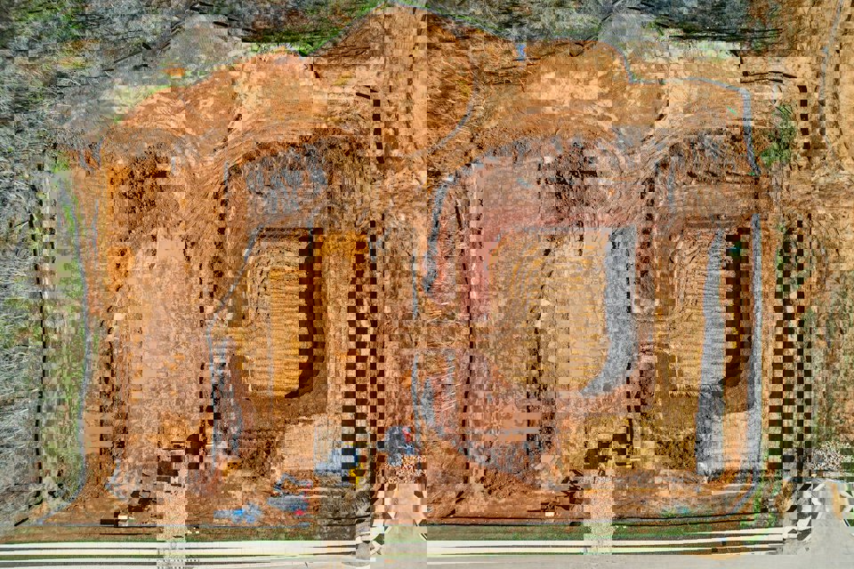 A large stone building.