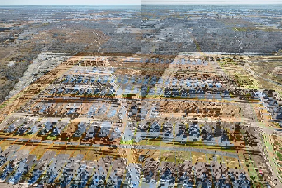 A high angle view of a parking lot.