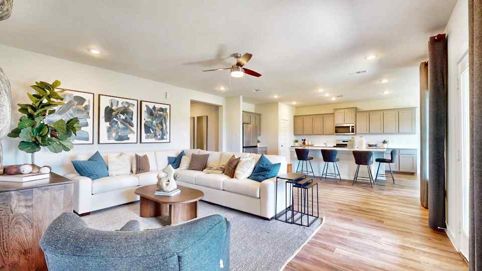 A living room with a large island.