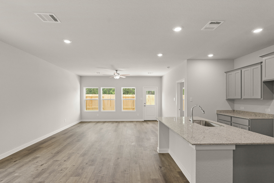 A kitchen with a large island.