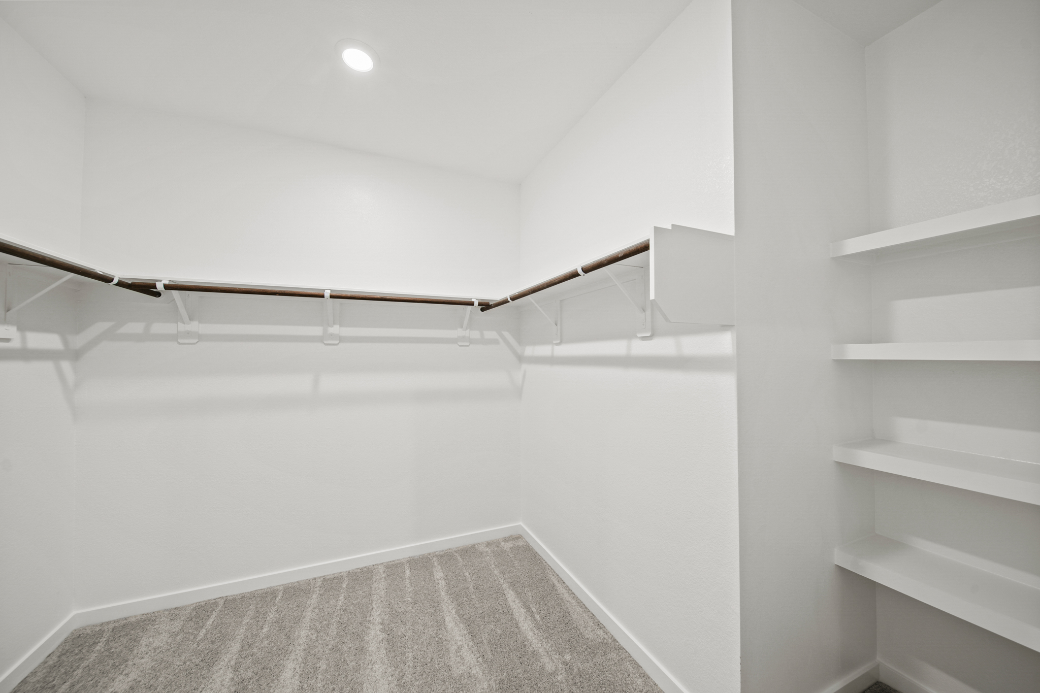 A white room with a carpet and shelves.