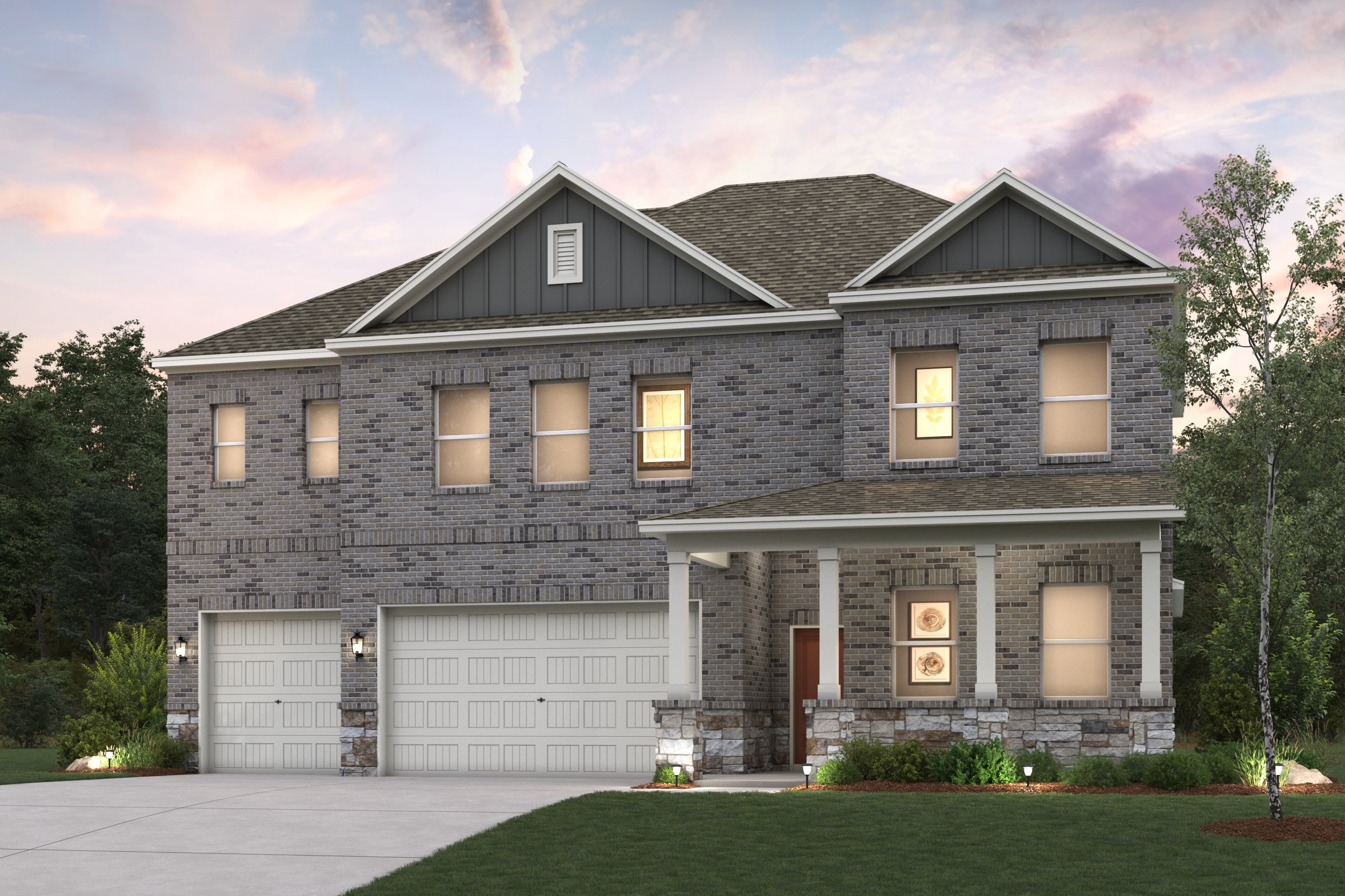 A grey house with a garage.