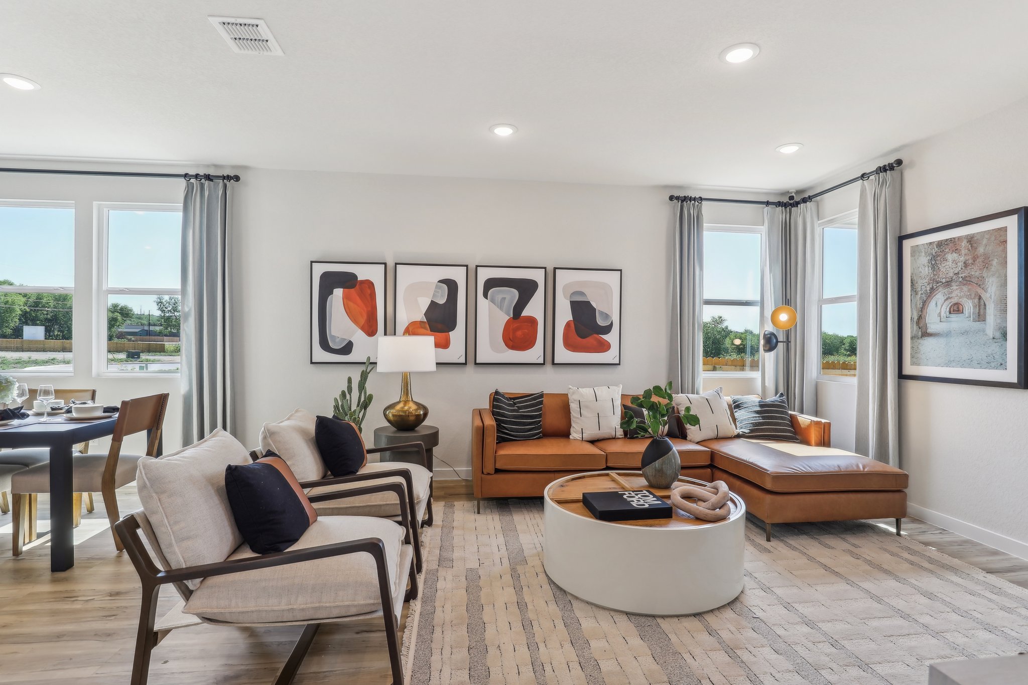 A living room with a large window.