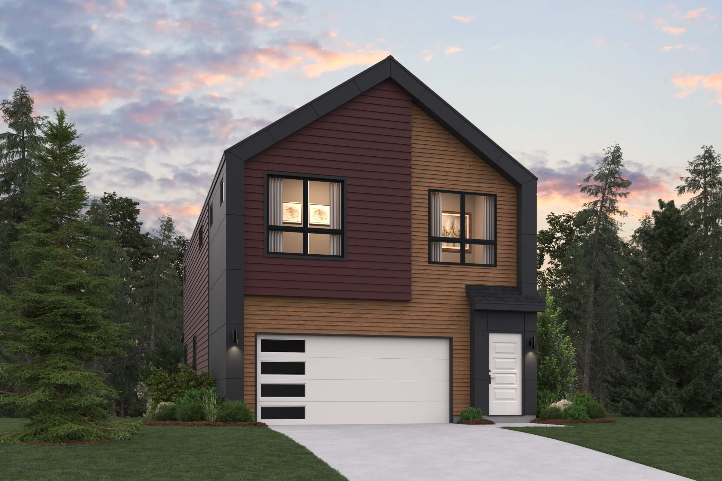 A house with a garage and trees around it.