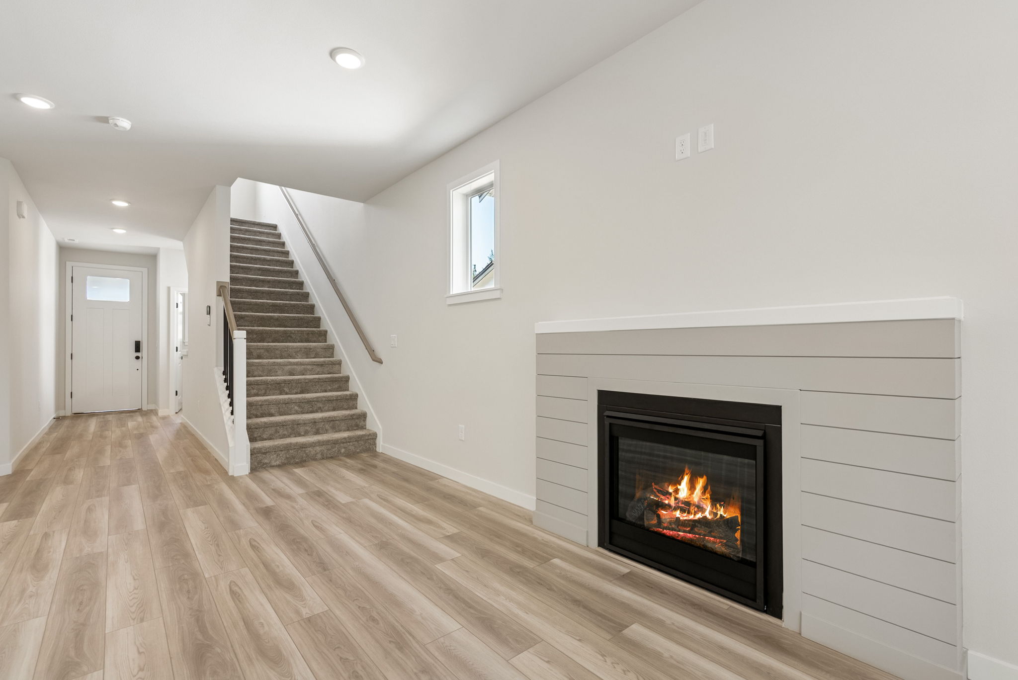 A fireplace in a room.