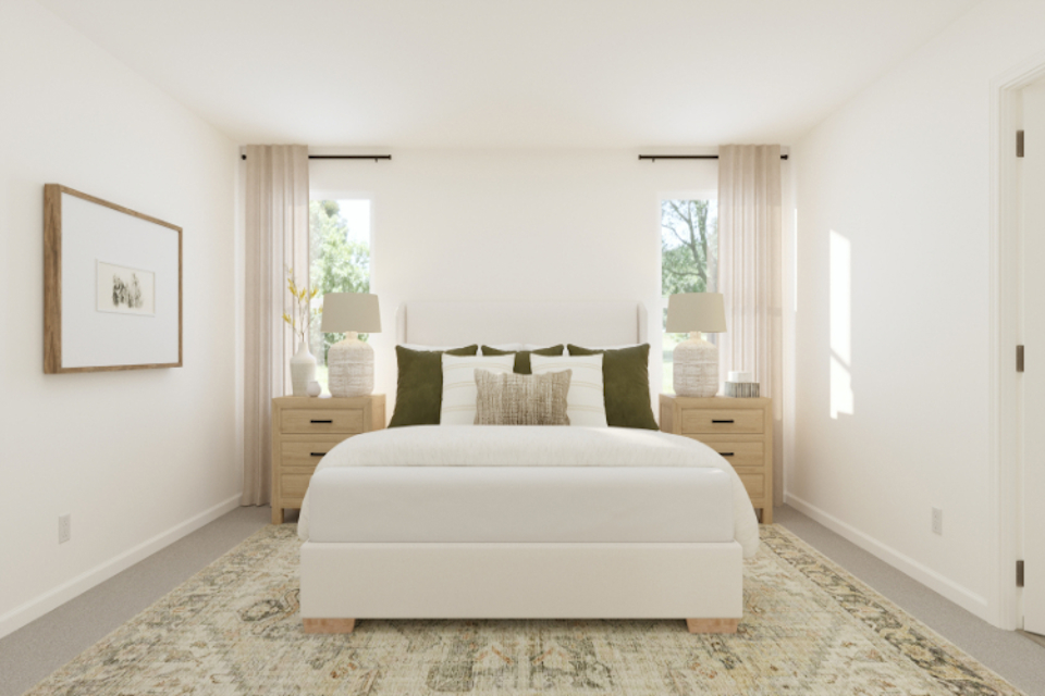 A room with a bed and lamps.