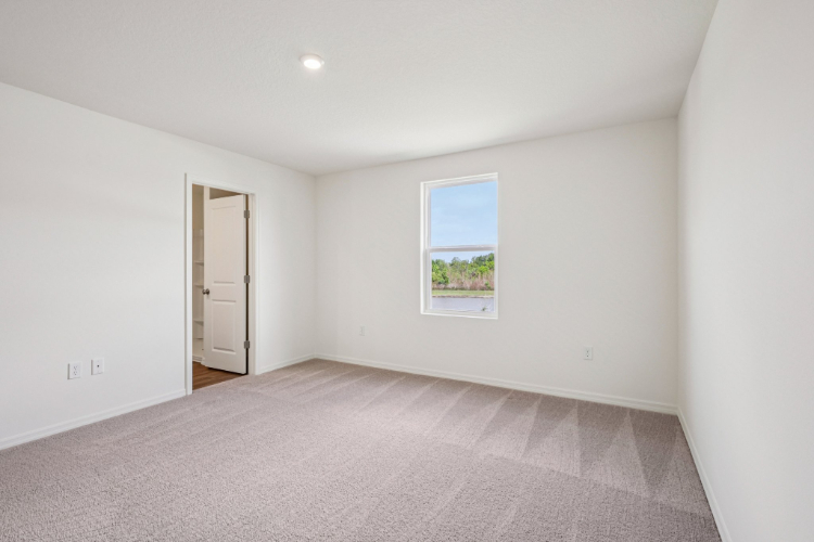 A room with a carpet and a window.