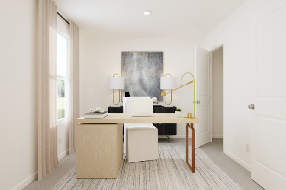 A room with a desk and a lamp.