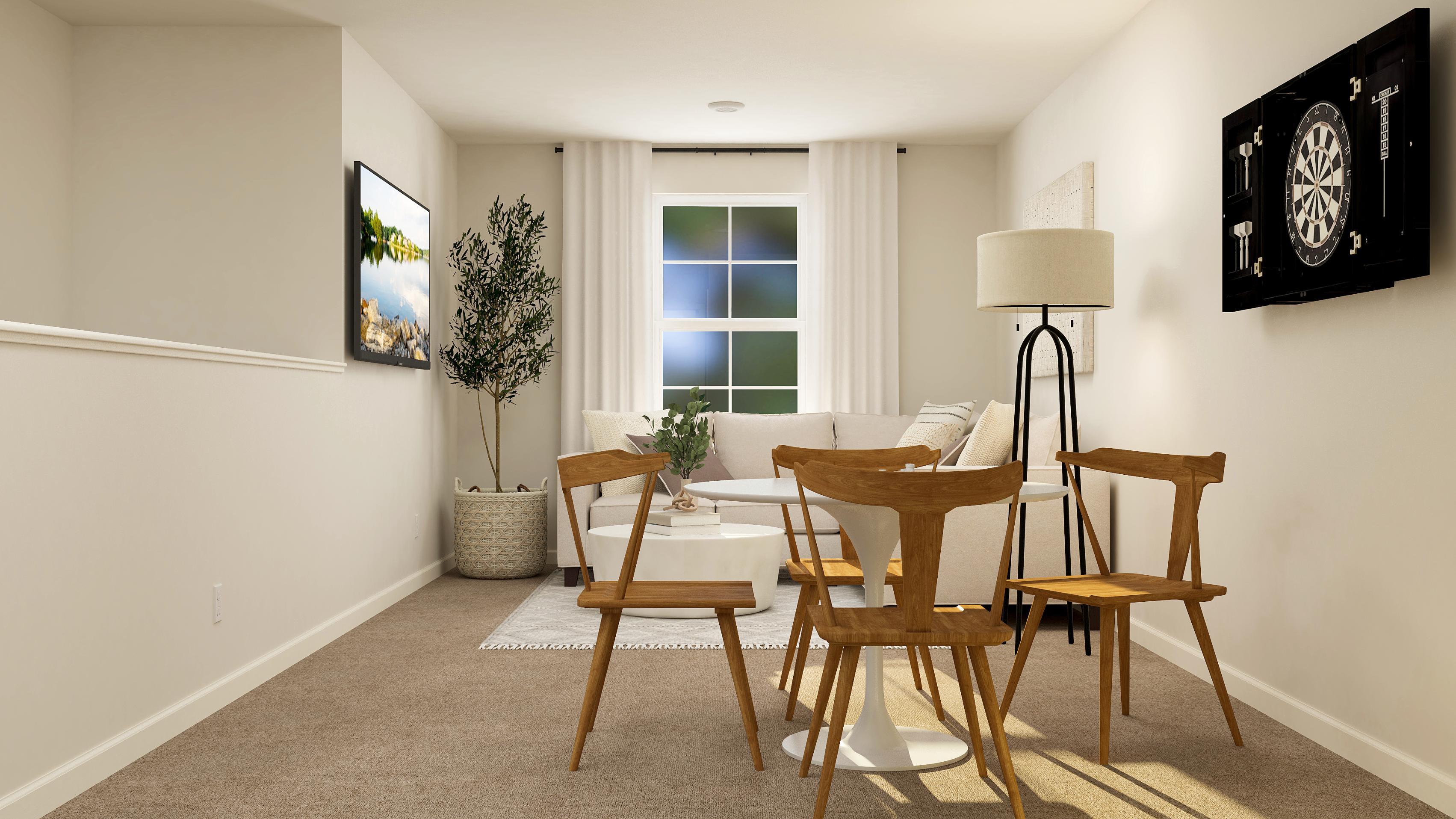 A dining room with a table and chairs.
