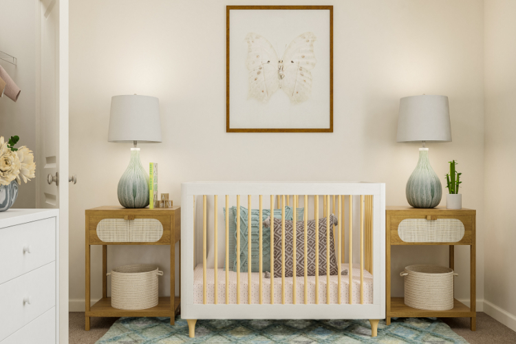 A baby crib in a room.